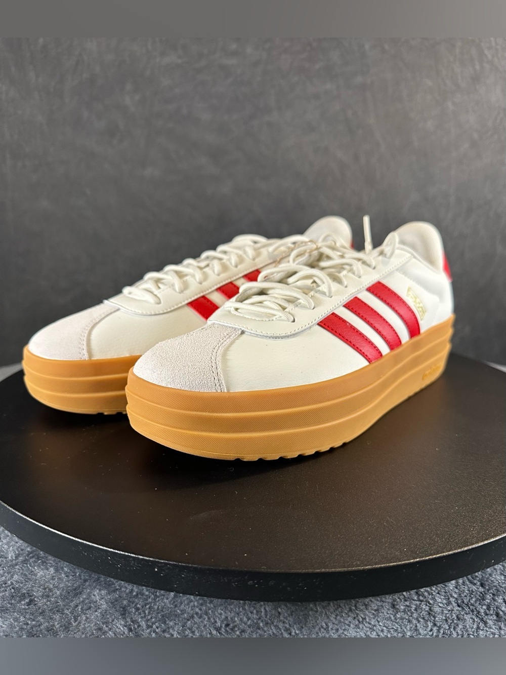 Women's Adidas Platform Sneakers White with Red Stripes and Gum Sole $52